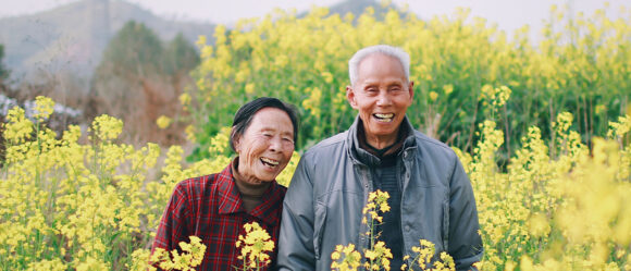 Person walking through a field of flowers in soft light.